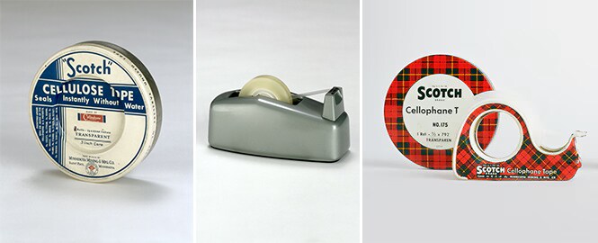 Historische Abbildungen von Scotch® transparentem Klebeband und Scotch® Klebebandabrollern
