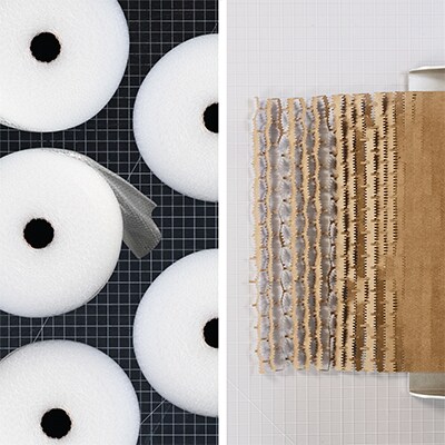Bild mit Luftpolsterfolienrollen links und einer Rolle 3M Scotch™ Cushion Lock™ rechts.