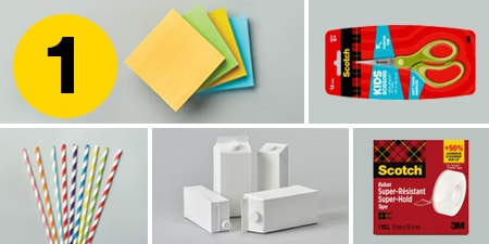 Schritt 1 - benötigte Materialien: Post-it® Notes, Scotch™ Kinderschere, Scotch® Super-Hold Tape, Milchkartons und Papierstrohhalme
