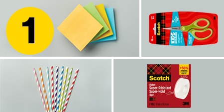 Schritt 1 - benötigte Materialien: Post-it® Notes, Scotch™ Kinderschere, Scotch® Super-Hold Tape und Papierstrohhalme
